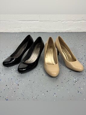 Predictions Nude & Black Patent Pumps Round Toe Cushion Insole Faux Leather 8.5